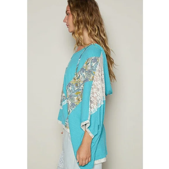 75. NWOT POL Turquoise Oversized V-neck Floral Peace Sign Hoodie - Picture 3 of 7